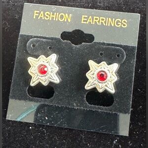Vintage Silver and Red Starburst Stud Earrings